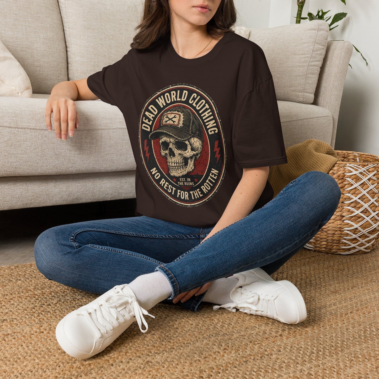 Dead World Clothing Skull Logo T-Shirt — "No Rest for the Rotten" Vintage Graphic Tee