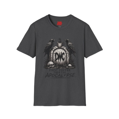 Apocalypse Coffee T-Shirt — "First Coffee, Then The Apocalypse" Raven Graveyard Tee
