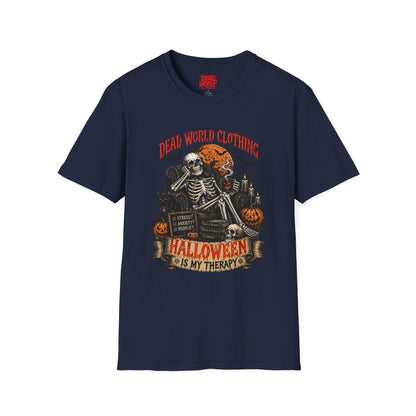 Halloween Skeleton T-Shirt — "Halloween Is My Therapy" Vintage Horror Tee