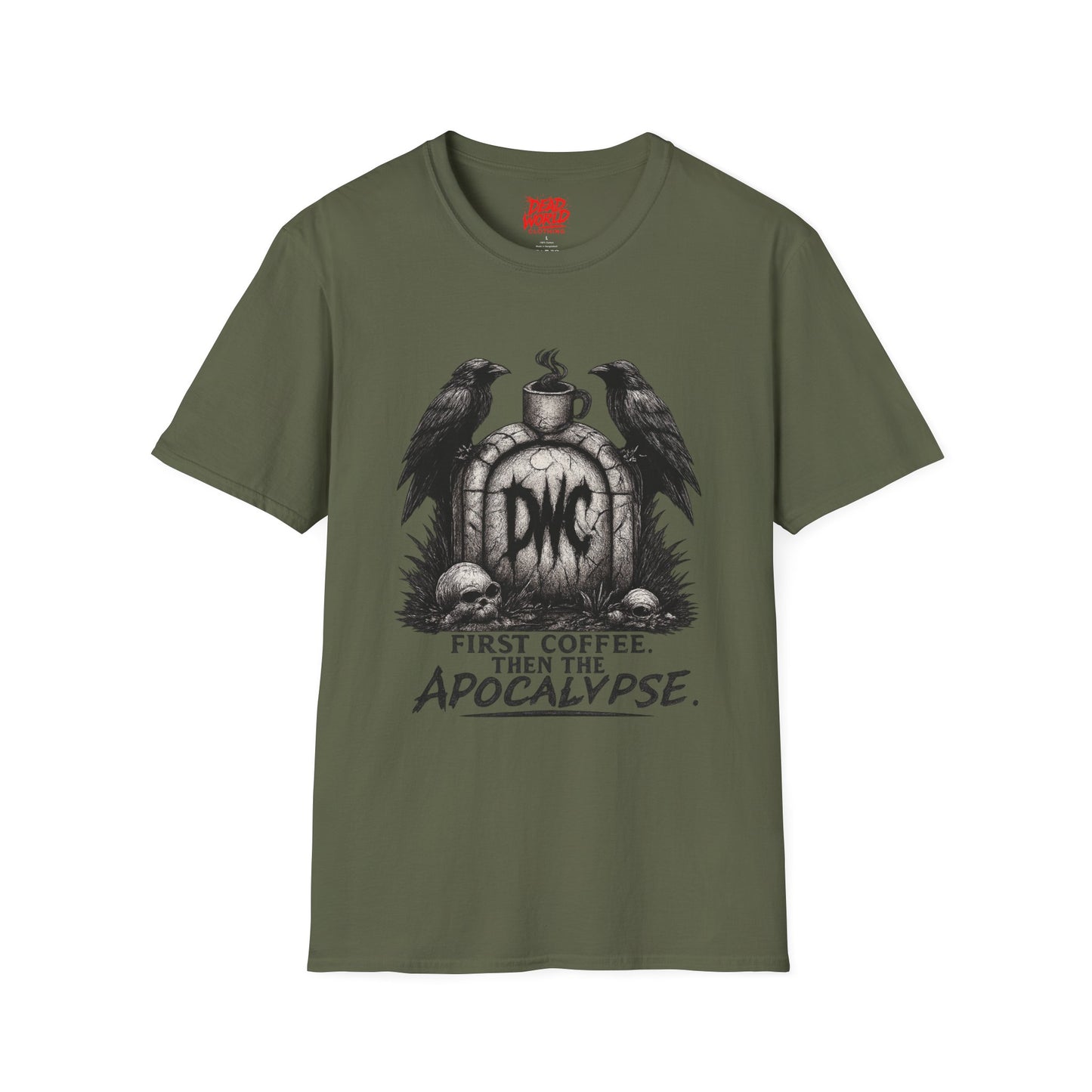 Apocalypse Coffee T-Shirt — "First Coffee, Then The Apocalypse" Raven Graveyard Tee