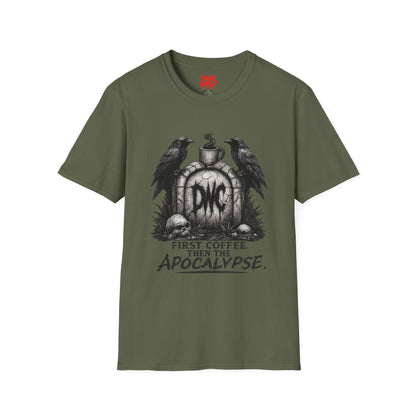 Apocalypse Coffee T-Shirt — "First Coffee, Then The Apocalypse" Raven Graveyard Tee