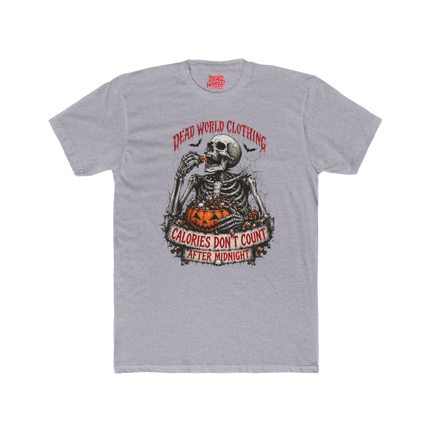 Skeleton Halloween Tee — "Calories Don’t Count After Midnight" Graphic Shirt