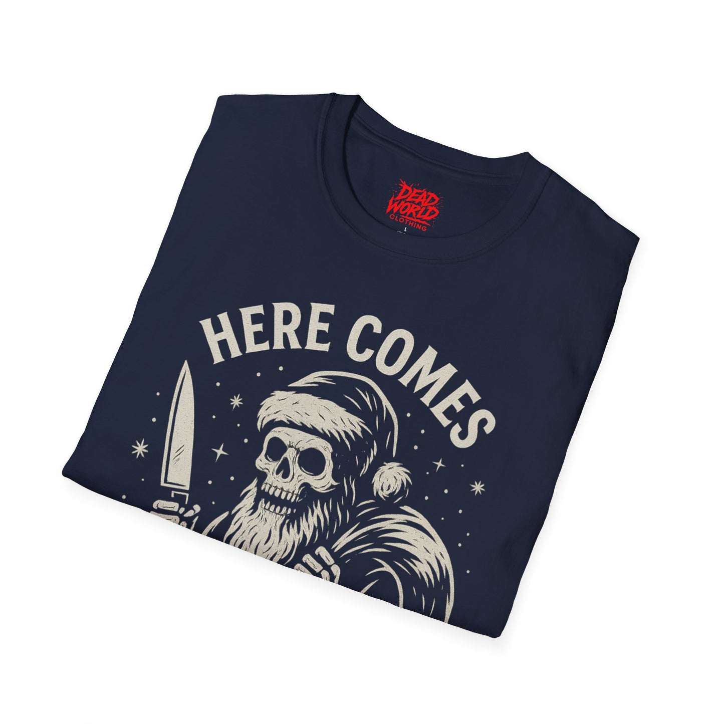 Santa Skull Christmas Horror T-Shirt — "Here Comes Horror" Holiday Tee