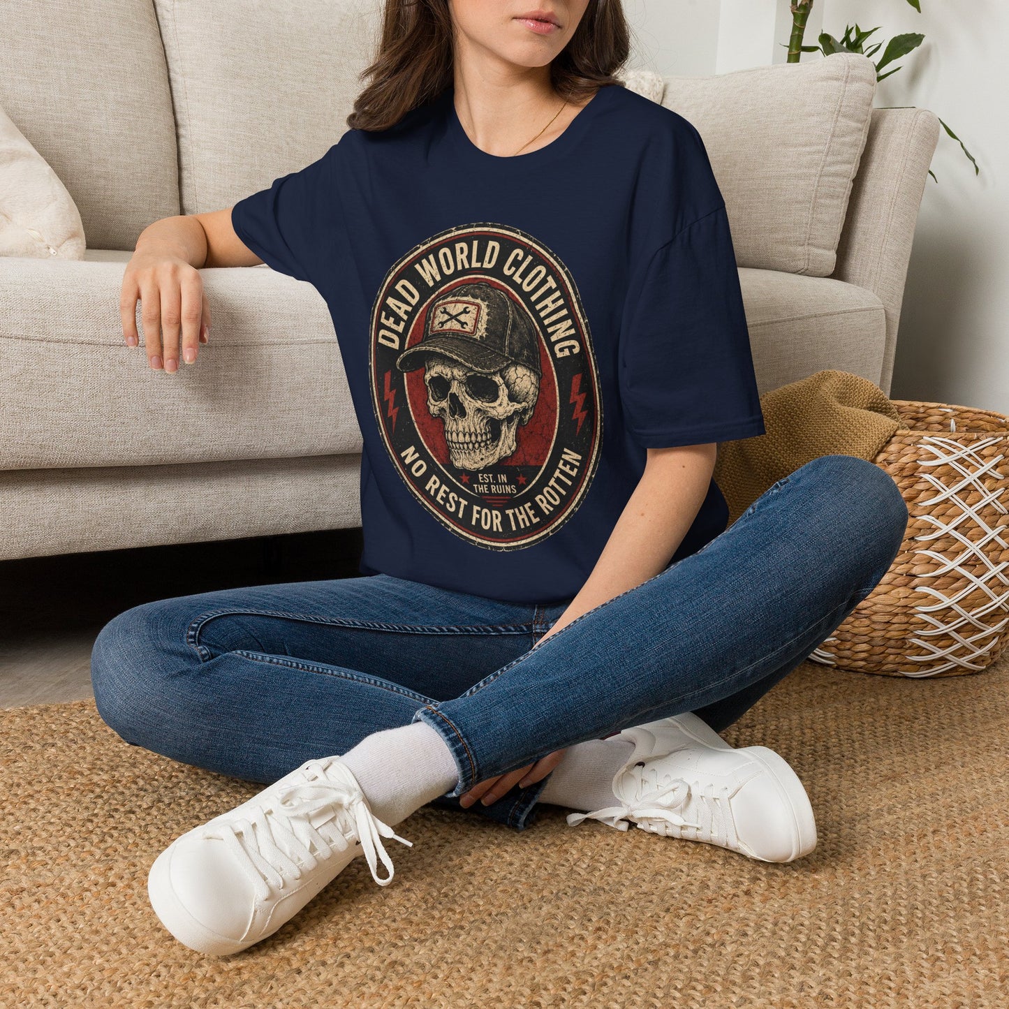 Dead World Clothing Skull Logo T-Shirt — "No Rest for the Rotten" Vintage Graphic Tee