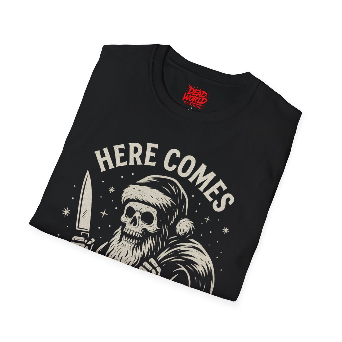 Santa Skull Christmas Horror T-Shirt — "Here Comes Horror" Holiday Tee