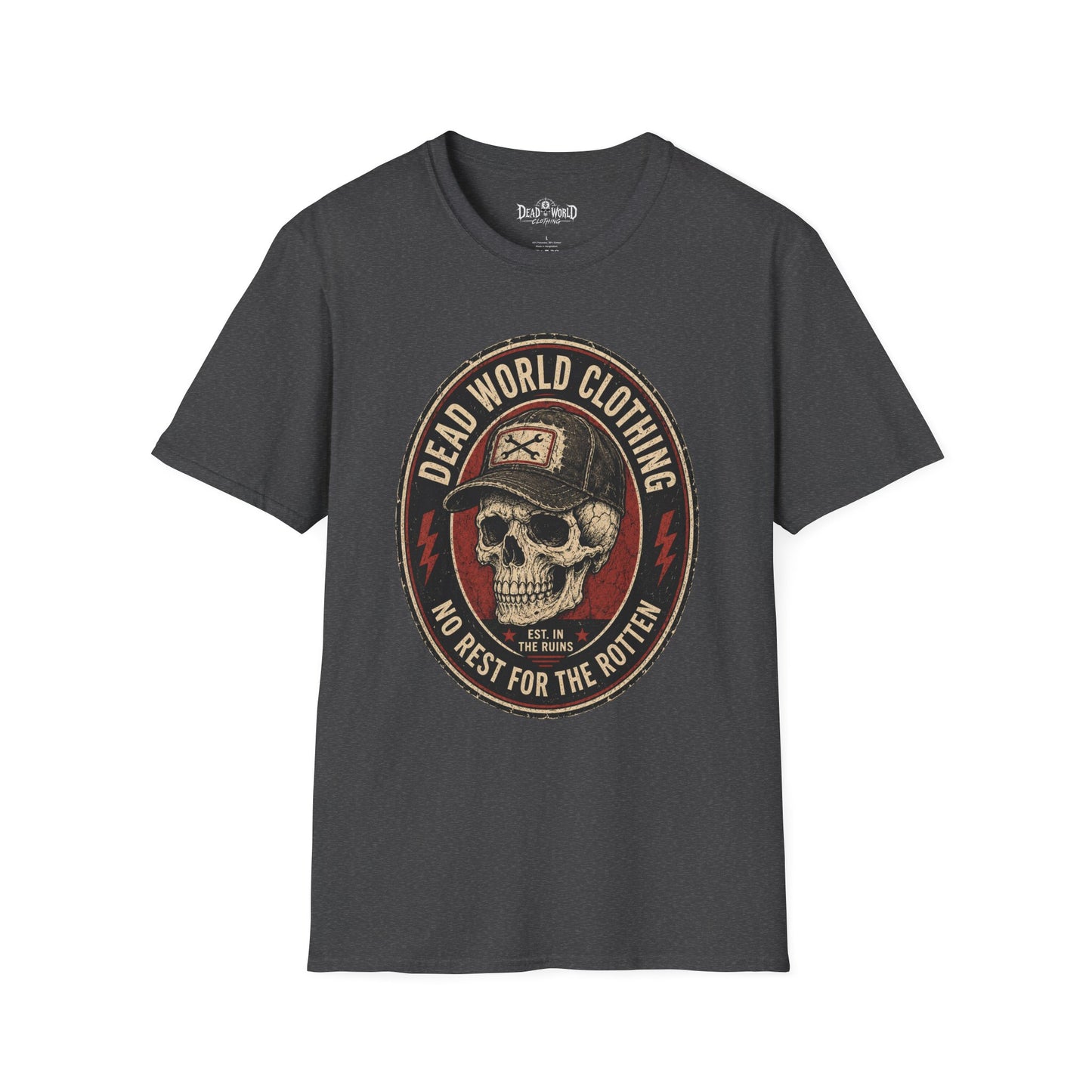 Dead World Clothing Skull Logo T-Shirt — "No Rest for the Rotten" Vintage Graphic Tee