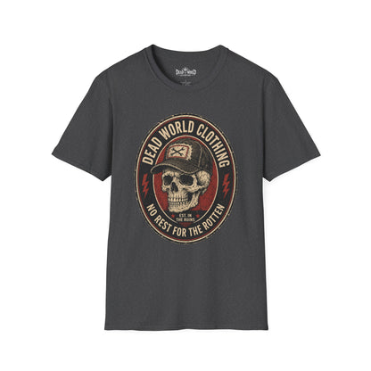 Dead World Clothing Skull Logo T-Shirt — "No Rest for the Rotten" Vintage Graphic Tee