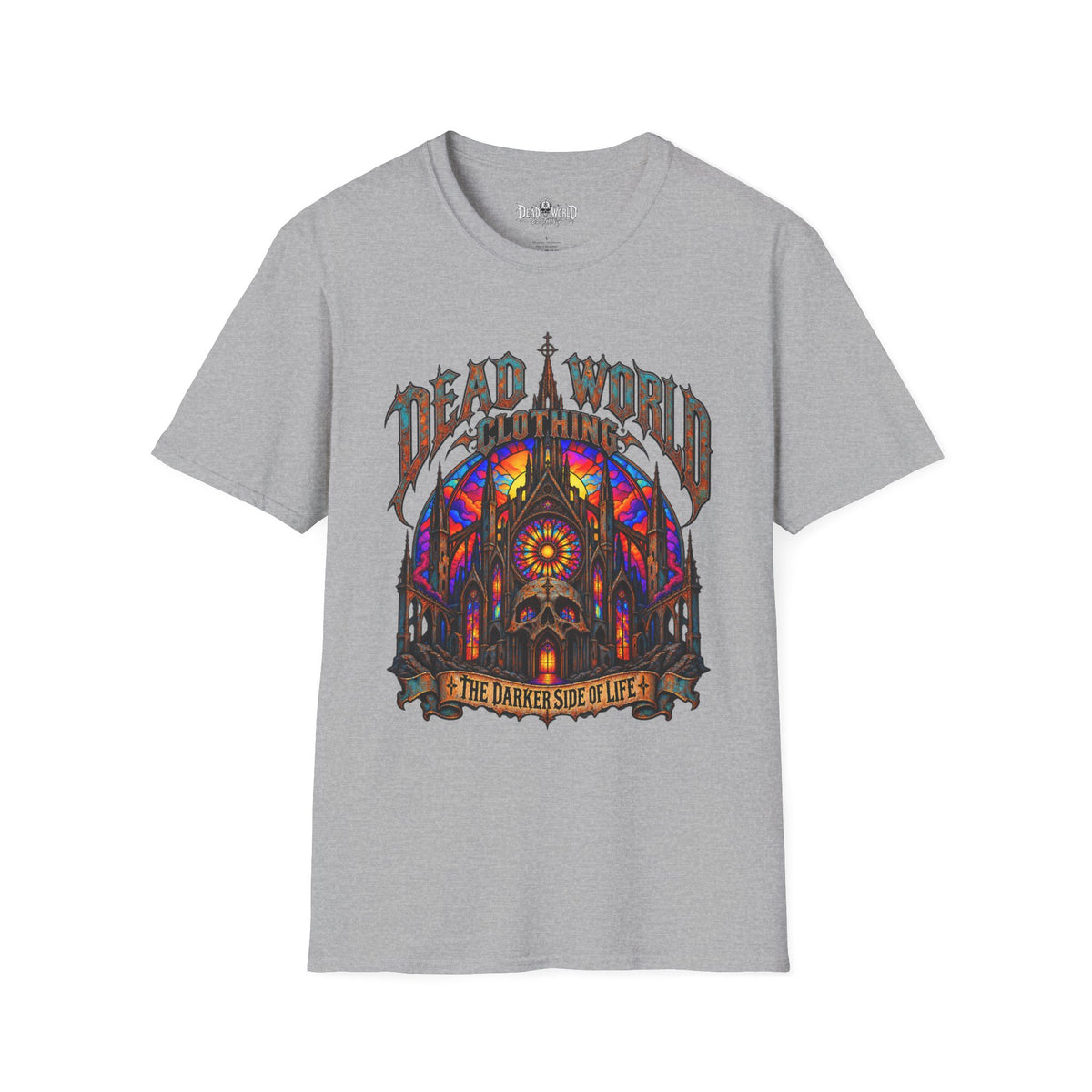 Dead World Clothing Cathedral Graphic T-Shirt — 'Dead World Clothing' Stained Glass Gothic Tee