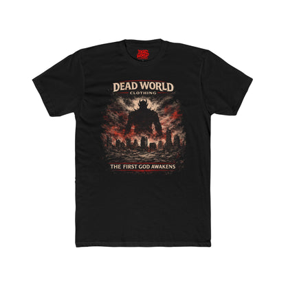 Dead World Clothing Graphic Tee — "The First God Awakens" Apocalyptic Crew Shirt