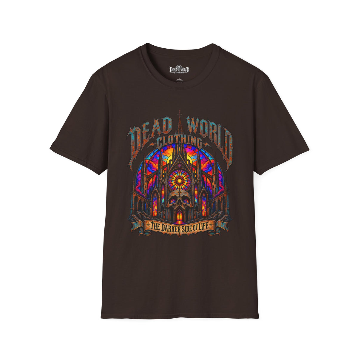 Dead World Clothing Cathedral Graphic T-Shirt — 'Dead World Clothing' Stained Glass Gothic Tee