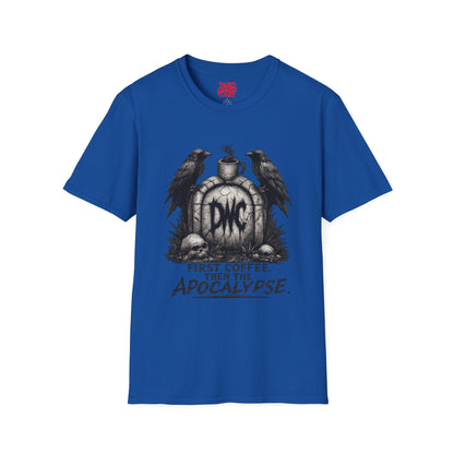 Apocalypse Coffee T-Shirt — "First Coffee, Then The Apocalypse" Raven Graveyard Tee