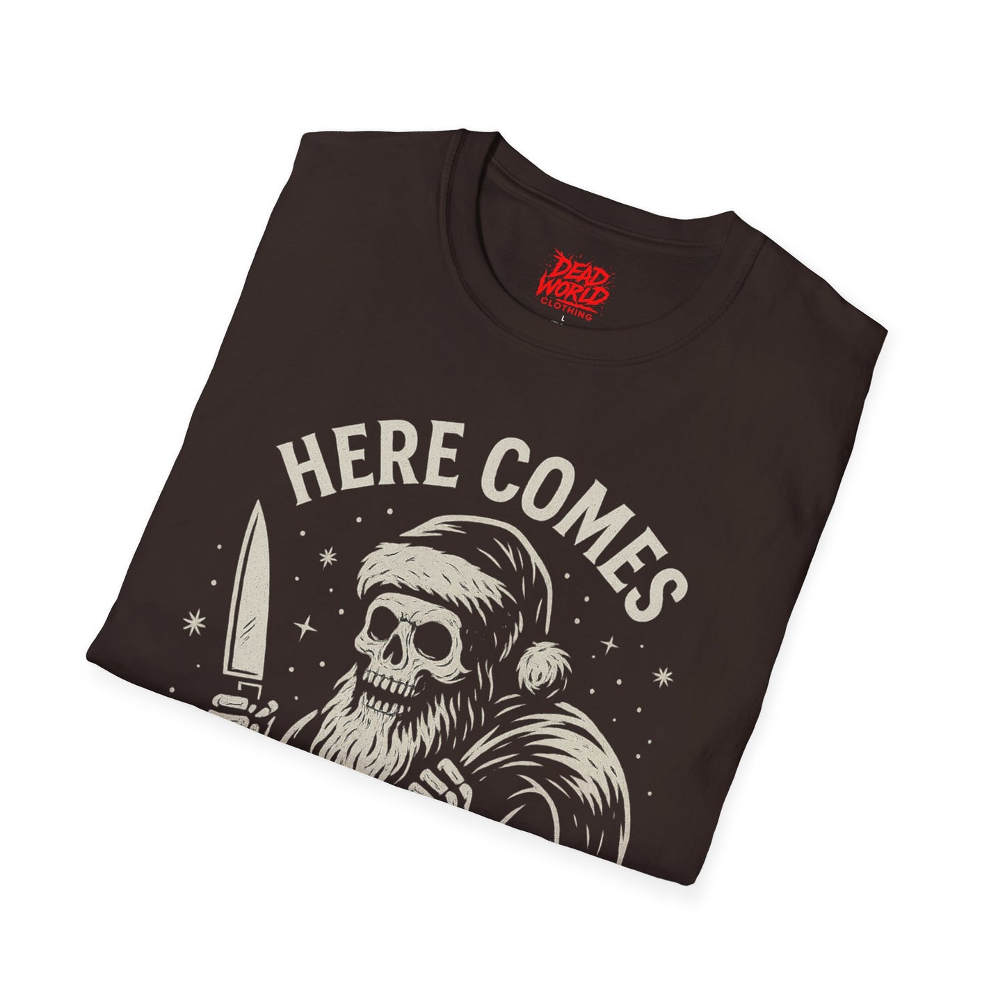 Santa Skull Christmas Horror T-Shirt — "Here Comes Horror" Holiday Tee