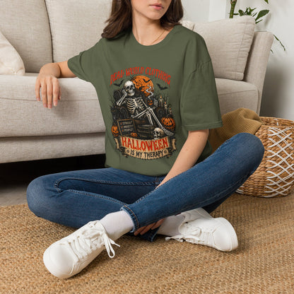 Halloween Skeleton T-Shirt — "Halloween Is My Therapy" Vintage Horror Tee
