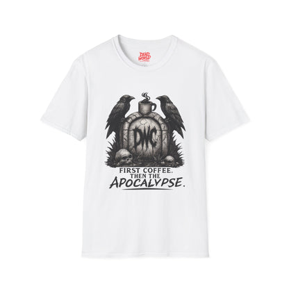 Apocalypse Coffee T-Shirt — "First Coffee, Then The Apocalypse" Raven Graveyard Tee