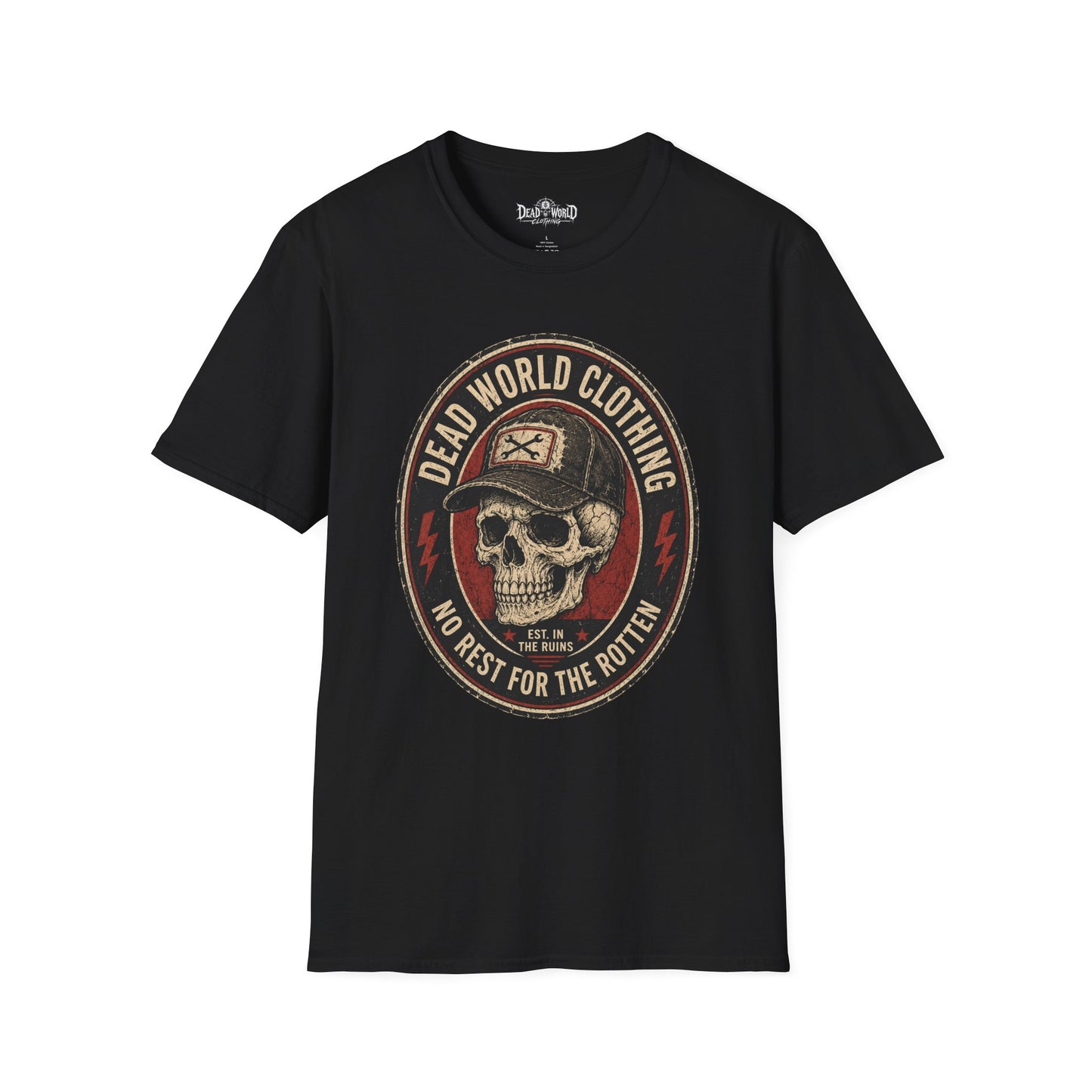 Dead World Clothing Skull Logo T-Shirt — "No Rest for the Rotten" Vintage Graphic Tee