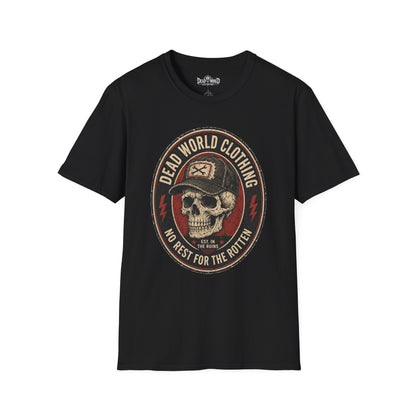 Dead World Clothing Skull Logo T-Shirt — "No Rest for the Rotten" Vintage Graphic Tee