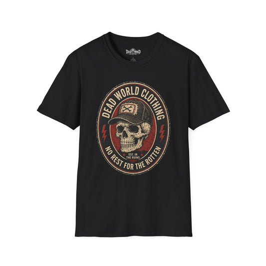 Dead World Clothing Skull Logo T-Shirt — "No Rest for the Rotten" Vintage Graphic Tee