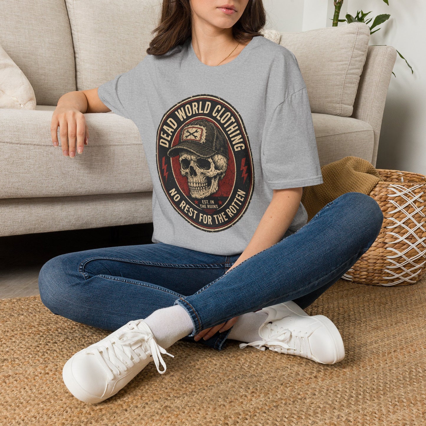 Dead World Clothing Skull Logo T-Shirt — "No Rest for the Rotten" Vintage Graphic Tee