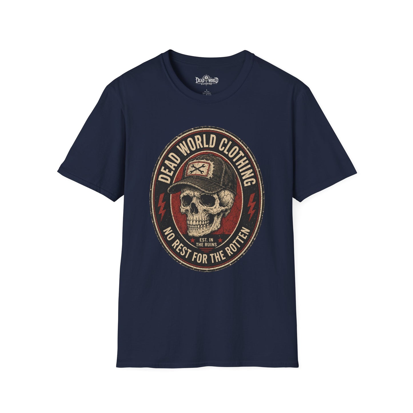 Dead World Clothing Skull Logo T-Shirt — "No Rest for the Rotten" Vintage Graphic Tee