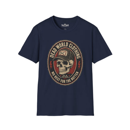 Dead World Clothing Skull Logo T-Shirt — "No Rest for the Rotten" Vintage Graphic Tee
