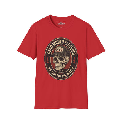 Dead World Clothing Skull Logo T-Shirt — "No Rest for the Rotten" Vintage Graphic Tee