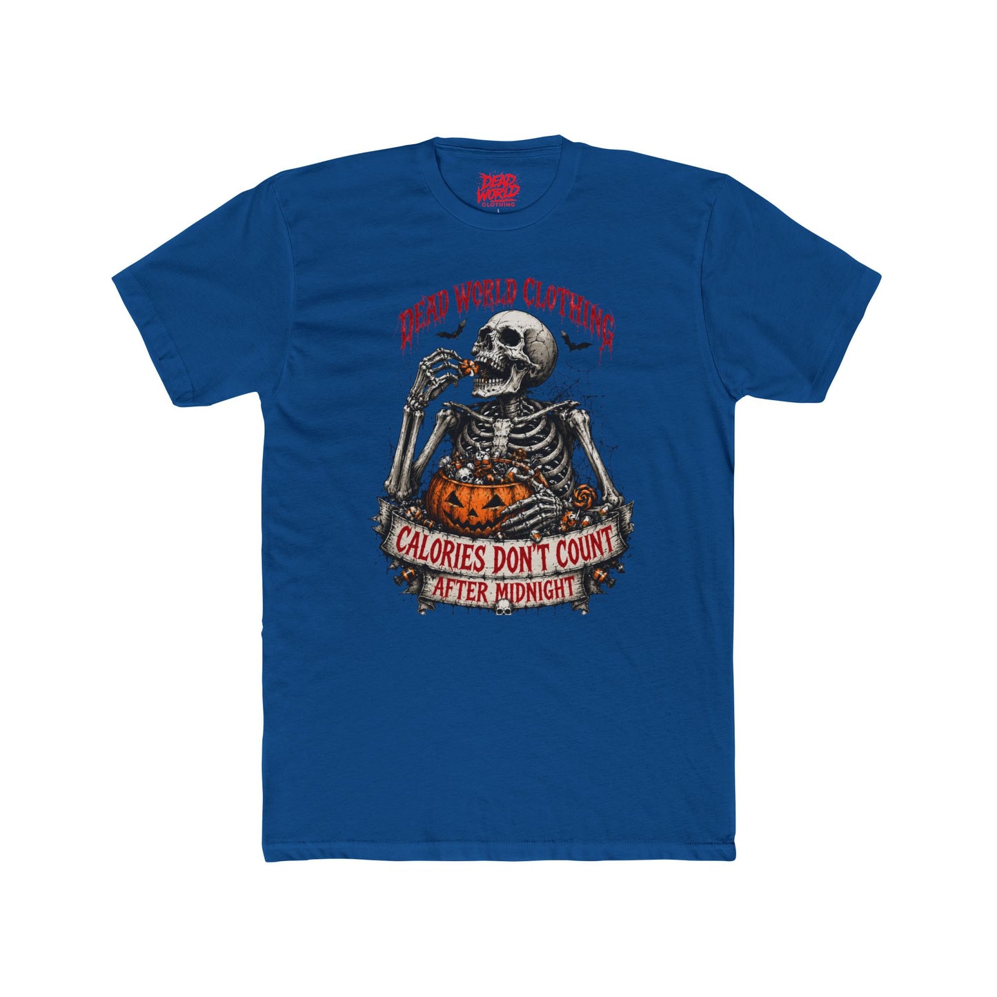 Skeleton Halloween Tee — "Calories Don’t Count After Midnight" Graphic Shirt
