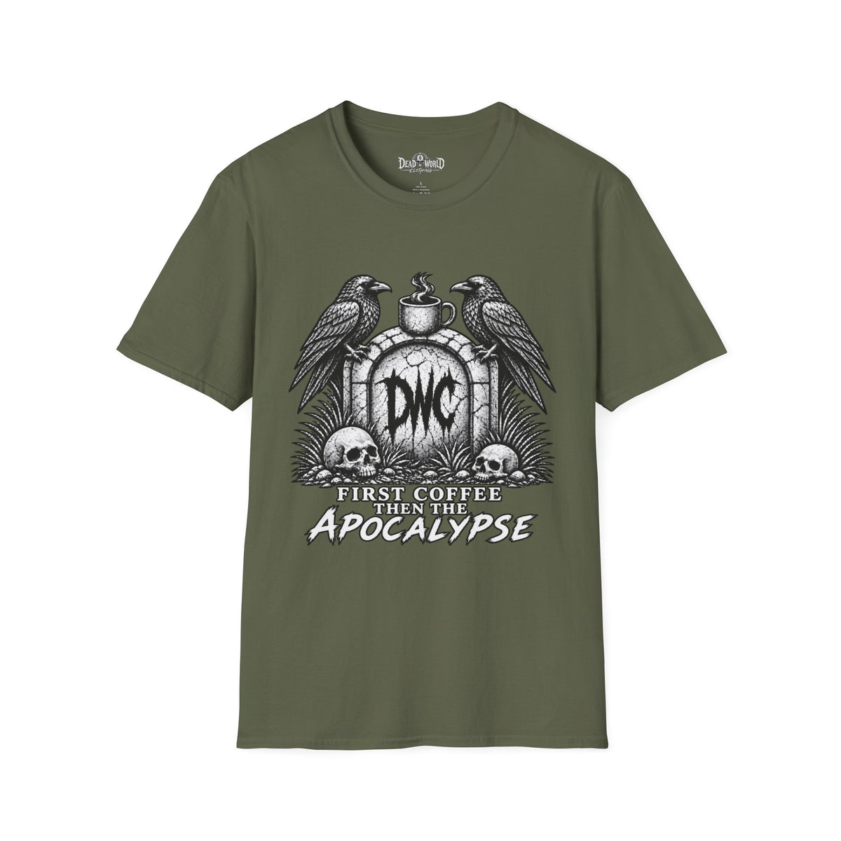 Apocalypse Coffee T-Shirt — "First Coffee, Then The Apocalypse" Raven Graveyard Tee
