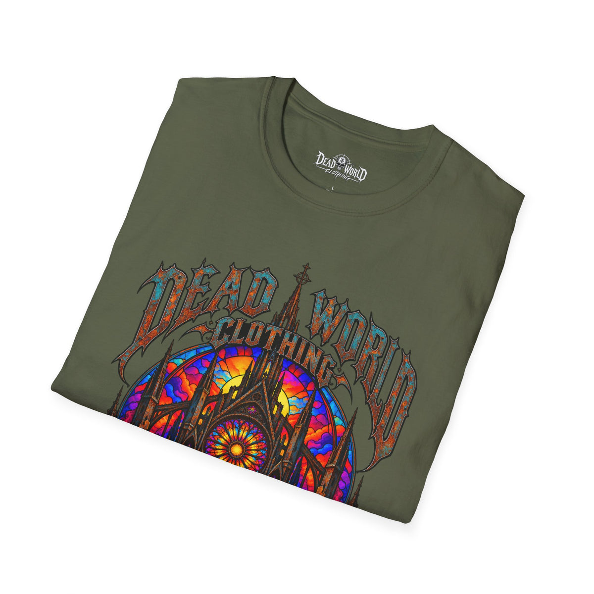 Dead World Clothing Cathedral Graphic T-Shirt — 'Dead World Clothing' Stained Glass Gothic Tee