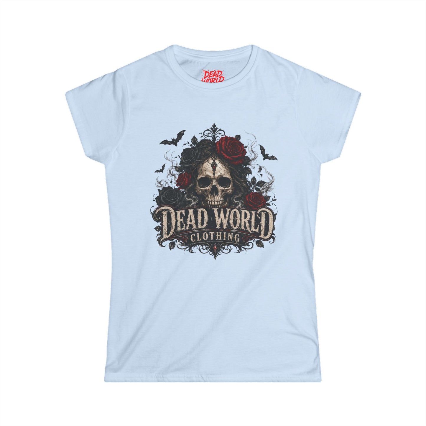 Dead World Clothing Skull Tee — Women's Gothic Skull & Rose Graphic T-Shirt