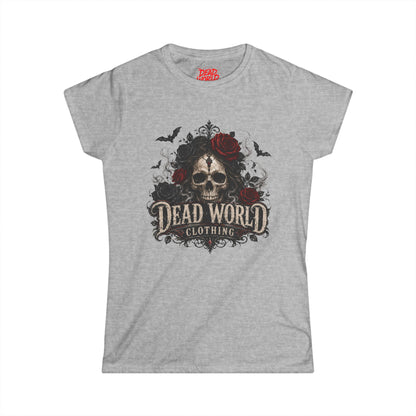 Dead World Clothing Skull Tee — Women's Gothic Skull & Rose Graphic T-Shirt