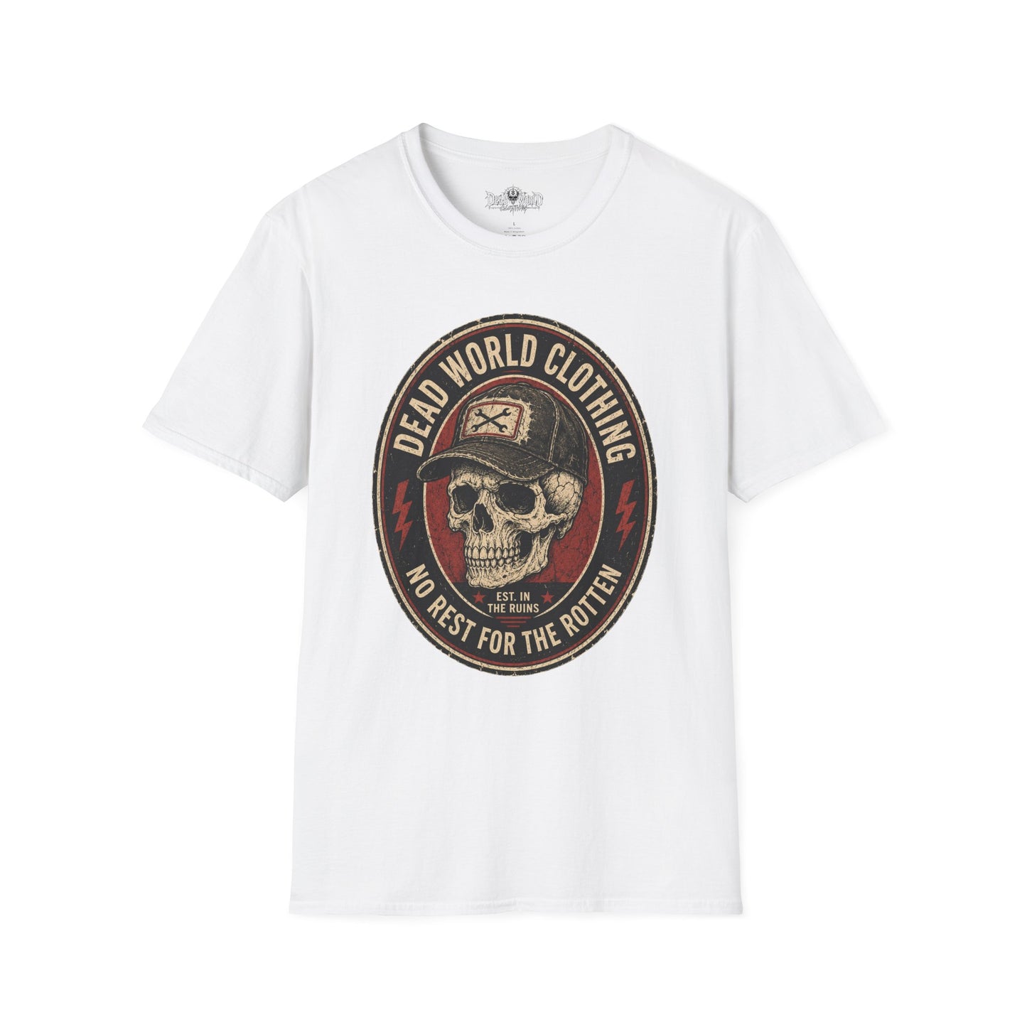 Dead World Clothing Skull Logo T-Shirt — "No Rest for the Rotten" Vintage Graphic Tee