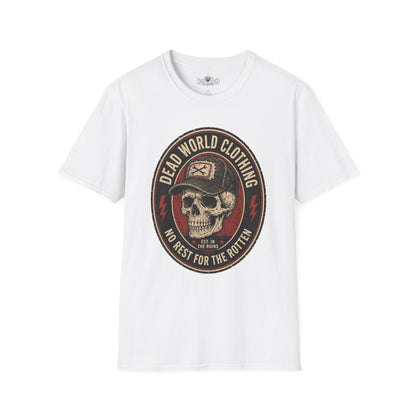 Dead World Clothing Skull Logo T-Shirt — "No Rest for the Rotten" Vintage Graphic Tee