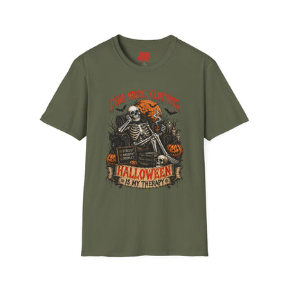 Halloween Skeleton T-Shirt — "Halloween Is My Therapy" Vintage Horror Tee