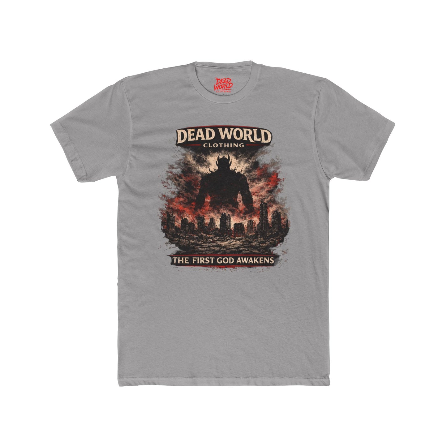 Dead World Clothing Graphic Tee — "The First God Awakens" Apocalyptic Crew Shirt