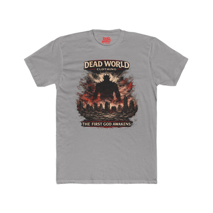 Dead World Clothing Graphic Tee — "The First God Awakens" Apocalyptic Crew Shirt