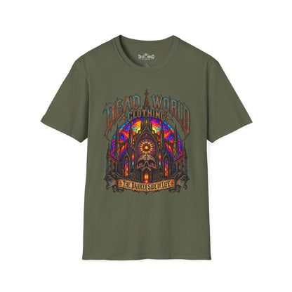 Dead World Clothing Cathedral Graphic T-Shirt — 'Dead World Clothing' Stained Glass Gothic Tee