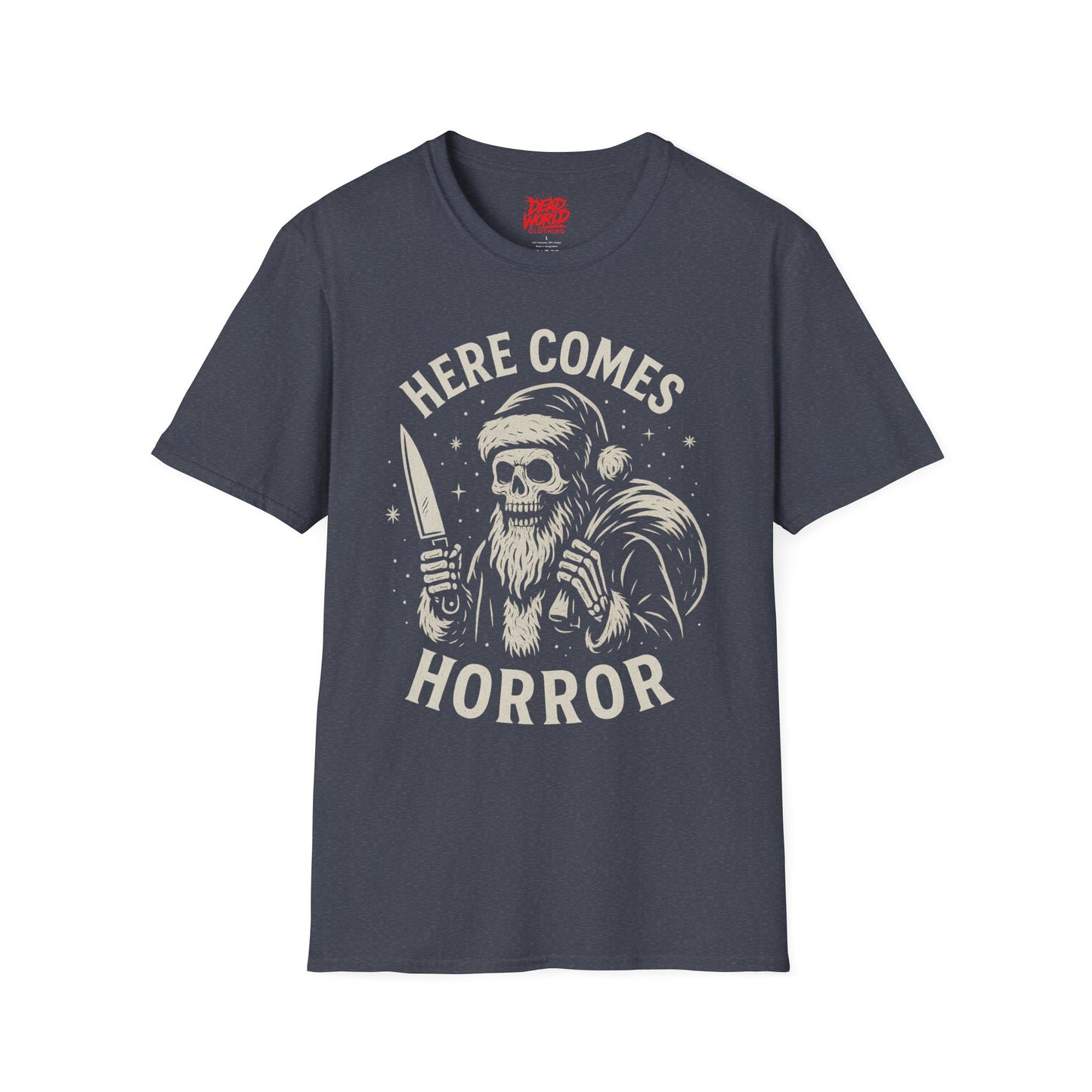 Santa Skull Christmas Horror T-Shirt — "Here Comes Horror" Holiday Tee
