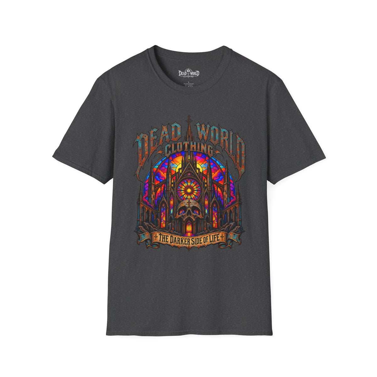 Dead World Clothing Cathedral Graphic T-Shirt — 'Dead World Clothing' Stained Glass Gothic Tee