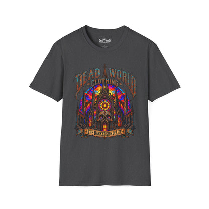 Dead World Clothing Cathedral Graphic T-Shirt — 'Dead World Clothing' Stained Glass Gothic Tee