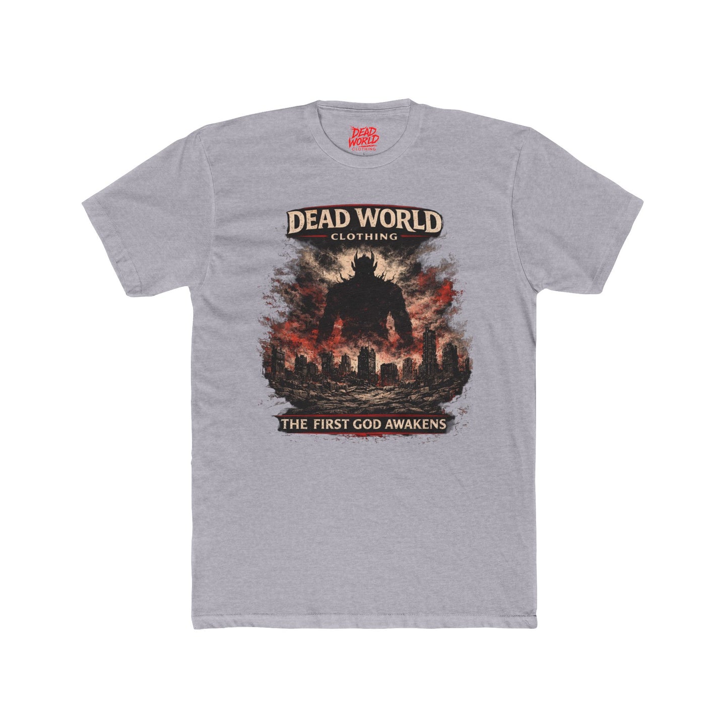 Dead World Clothing Graphic Tee — "The First God Awakens" Apocalyptic Crew Shirt
