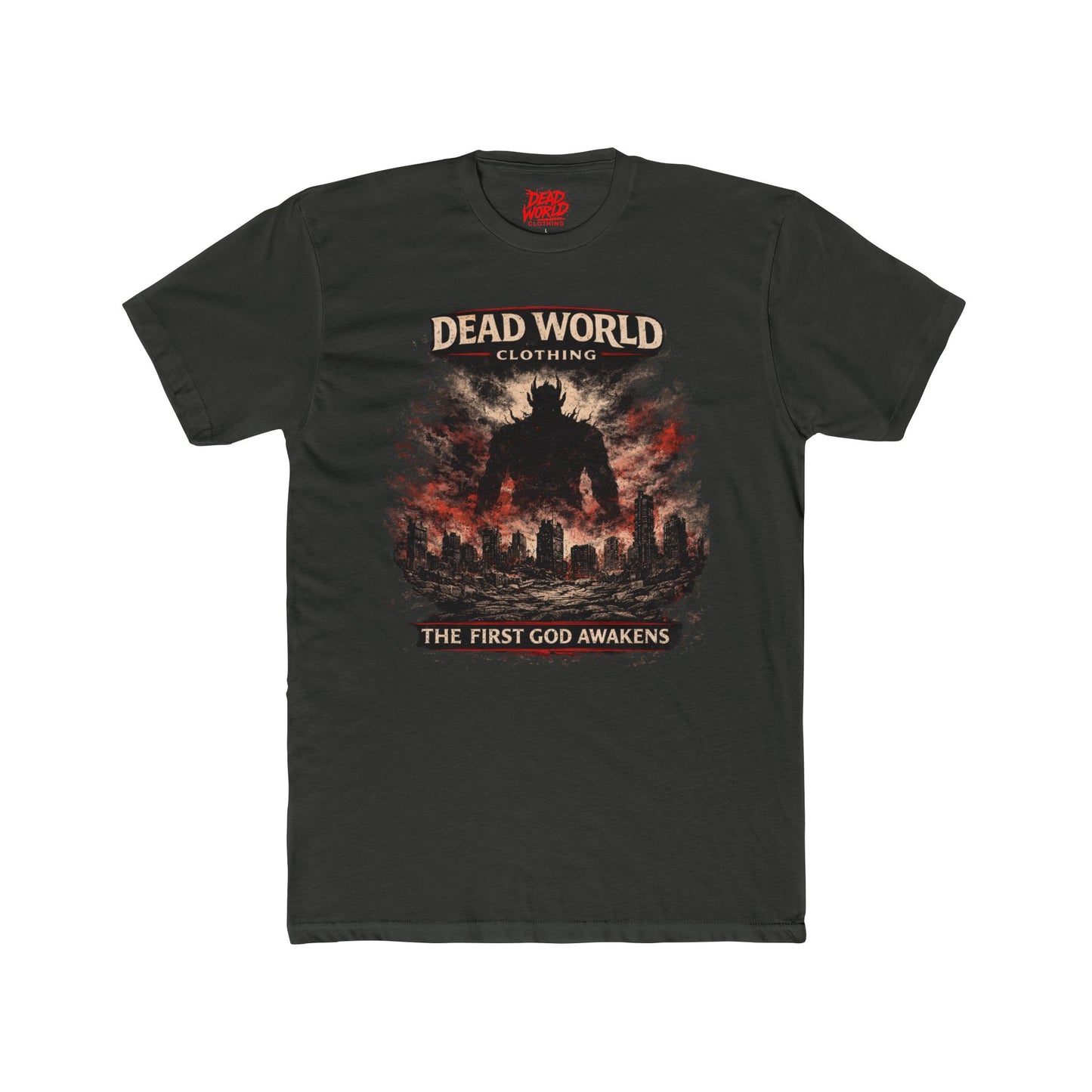 Dead World Clothing Graphic Tee — "The First God Awakens" Apocalyptic Crew Shirt