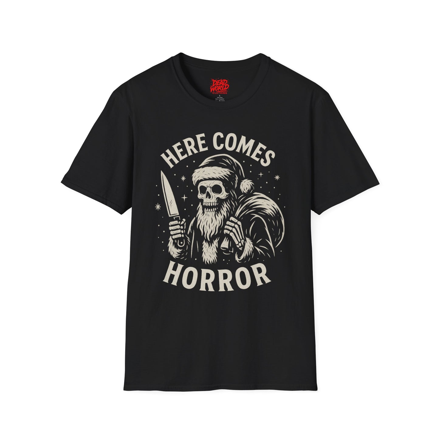 Santa Skull Christmas Horror T-Shirt — "Here Comes Horror" Holiday Tee