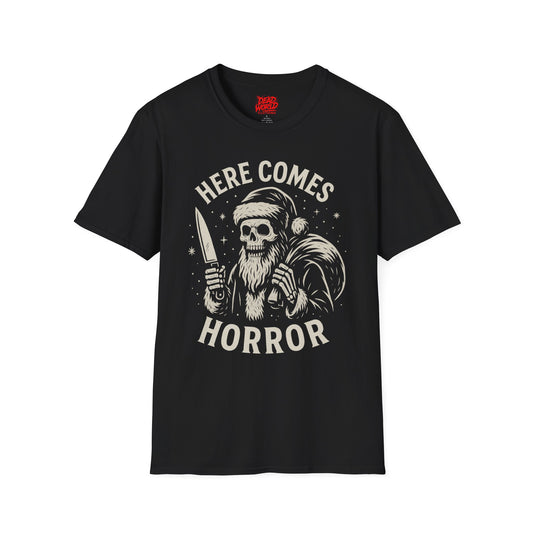 Santa Skull Christmas Horror T-Shirt — "Here Comes Horror" Holiday Tee