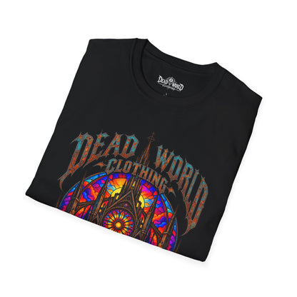 Dead World Clothing Cathedral Graphic T-Shirt — 'Dead World Clothing' Stained Glass Gothic Tee
