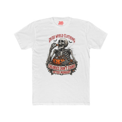 Skeleton Halloween Tee — "Calories Don’t Count After Midnight" Graphic Shirt
