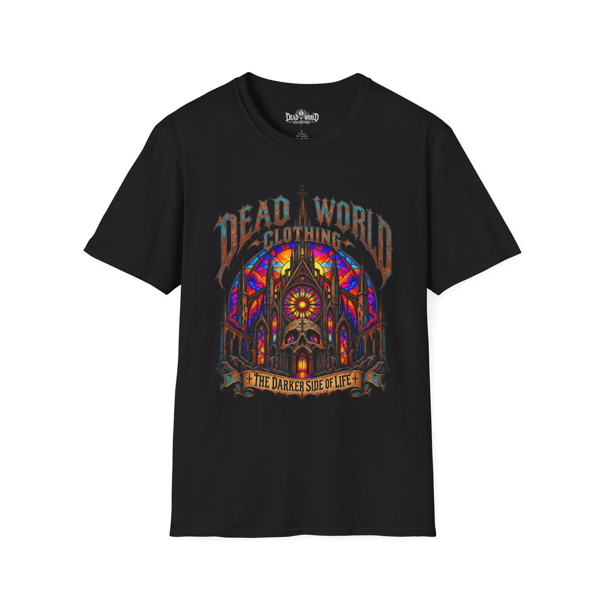 Dead World Clothing Cathedral Graphic T-Shirt — 'Dead World Clothing' Stained Glass Gothic Tee