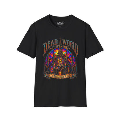 Dead World Clothing Cathedral Graphic T-Shirt — 'Dead World Clothing' Stained Glass Gothic Tee