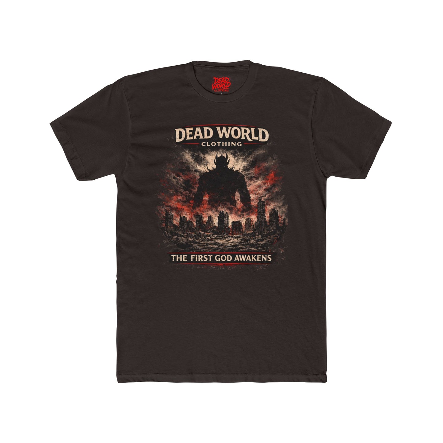 Dead World Clothing Graphic Tee — "The First God Awakens" Apocalyptic Crew Shirt
