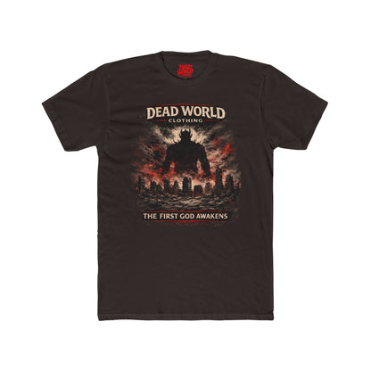 Dead World Clothing Graphic Tee — "The First God Awakens" Apocalyptic Crew Shirt