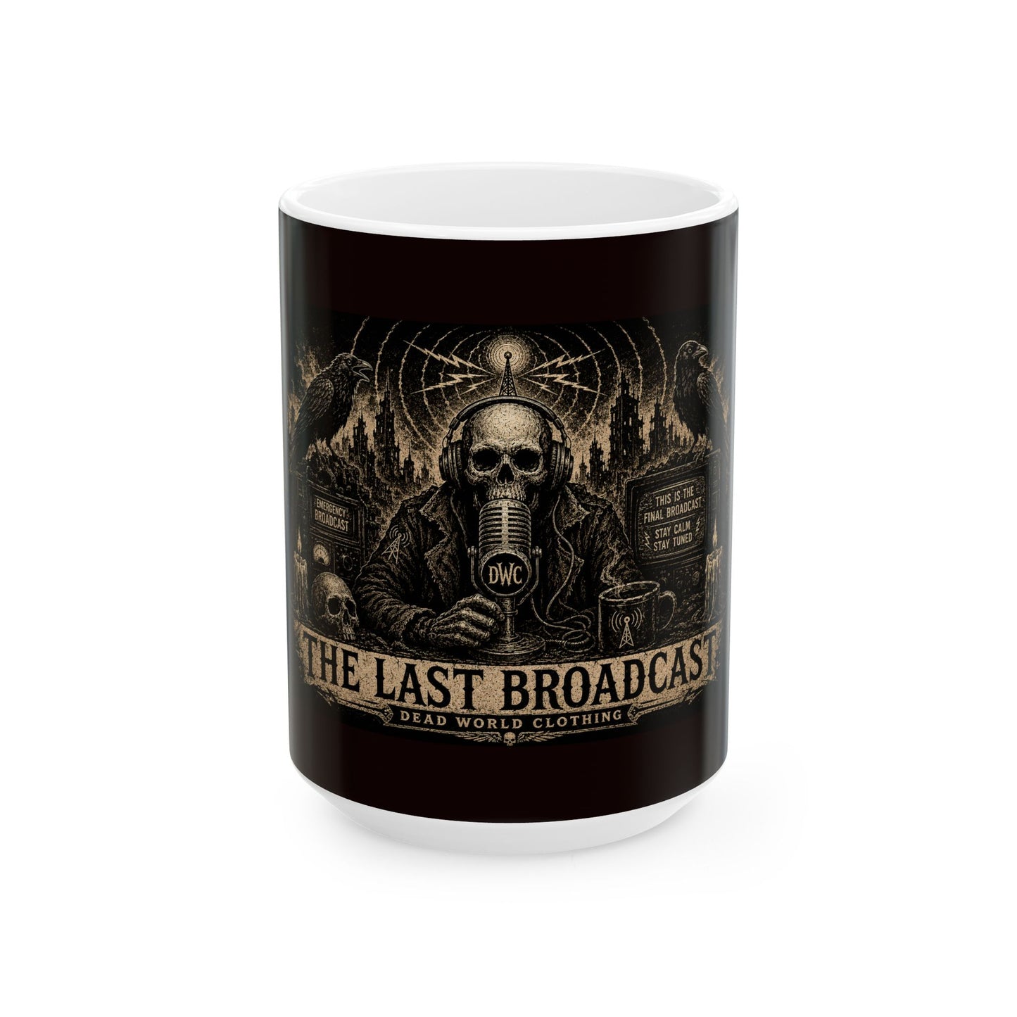 The Last Broadcast Skull Radio Ceramic Mug — Gothic Skull Coffee Cup (11oz/15oz)
